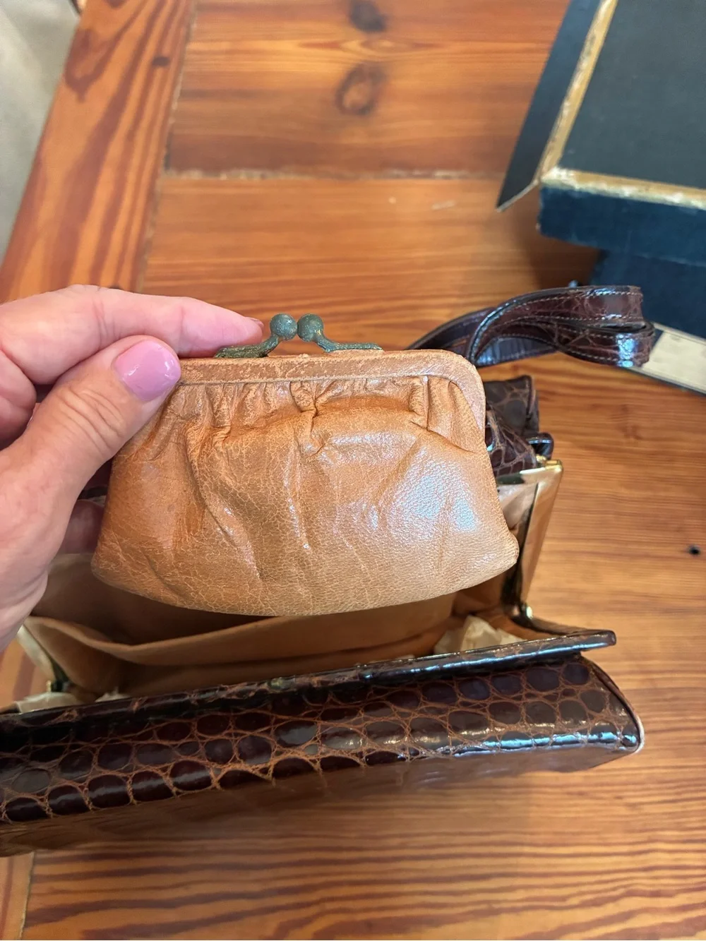 Croc-Embossed Dark Brown Leather Handbag